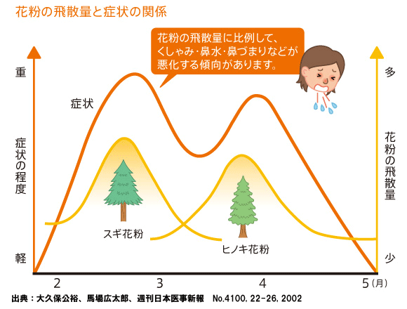 花粉の飛散量と症状の関係　出典：大久保公裕、馬場広太郎、週間日本医事新報